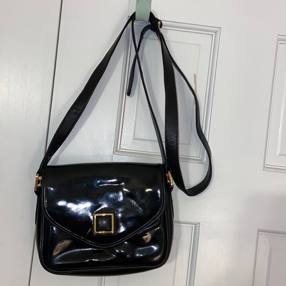 Black Patent Crossbody Bag with Gold Accent